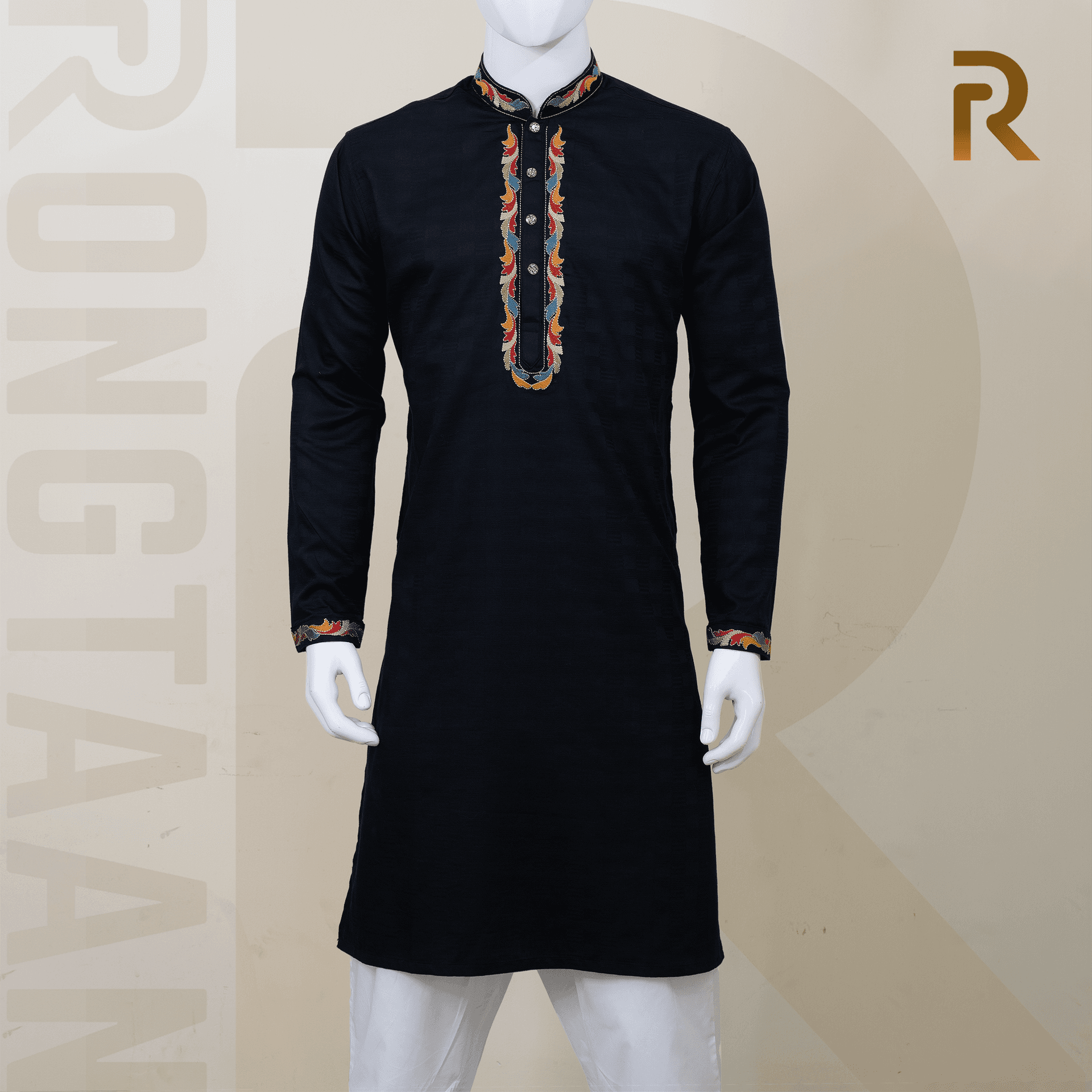 Black Cotton Embroidery Jacquard Panjabi  