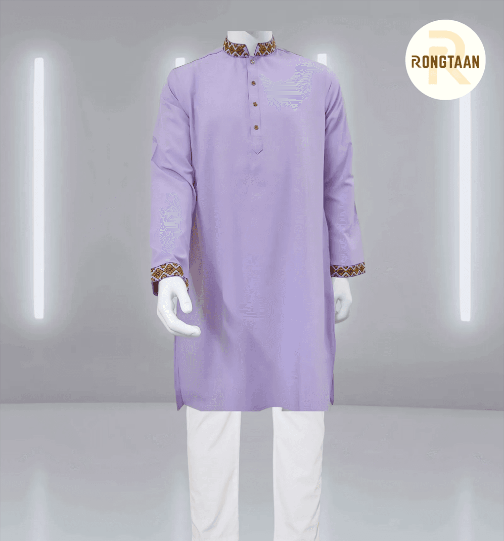 Levender Glossy and Embroidered Cotton-Viscose Slim Fit Panjabi for Men