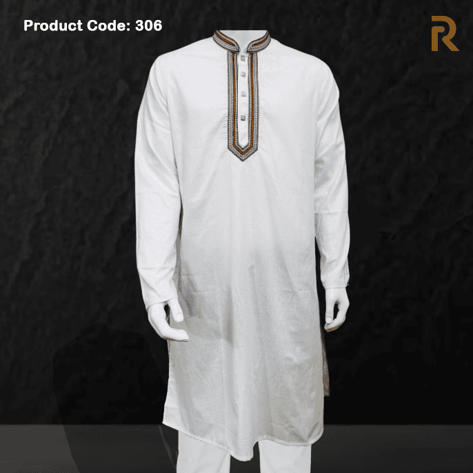 White Glossy Embroidered Cotton Panjabi for Men