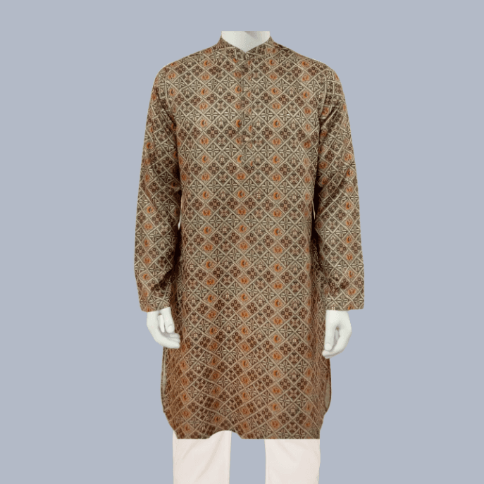 Multicolored Pattern Design Cotton-Poly Slim Fit Panjabi for Men