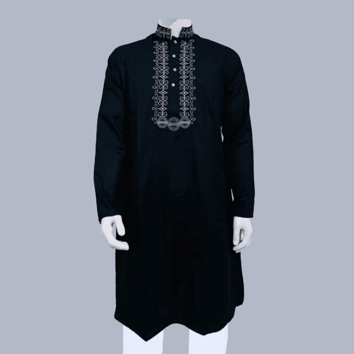 Black Glossy Embroidered Cotton Slim Fit Panjabi for Men 