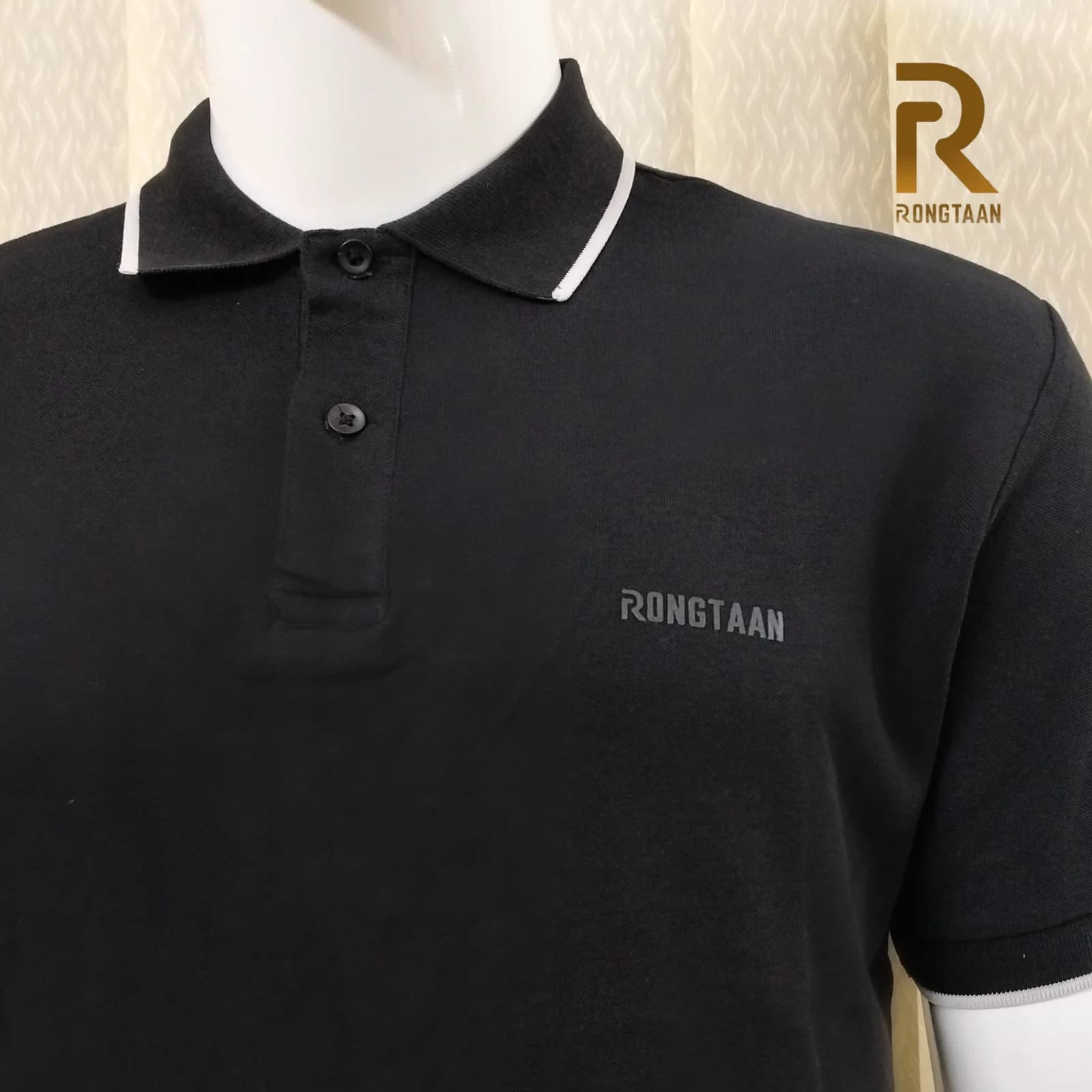 Black Double pique Screen print 100% Cotton Men’s Knit Polo-shirt