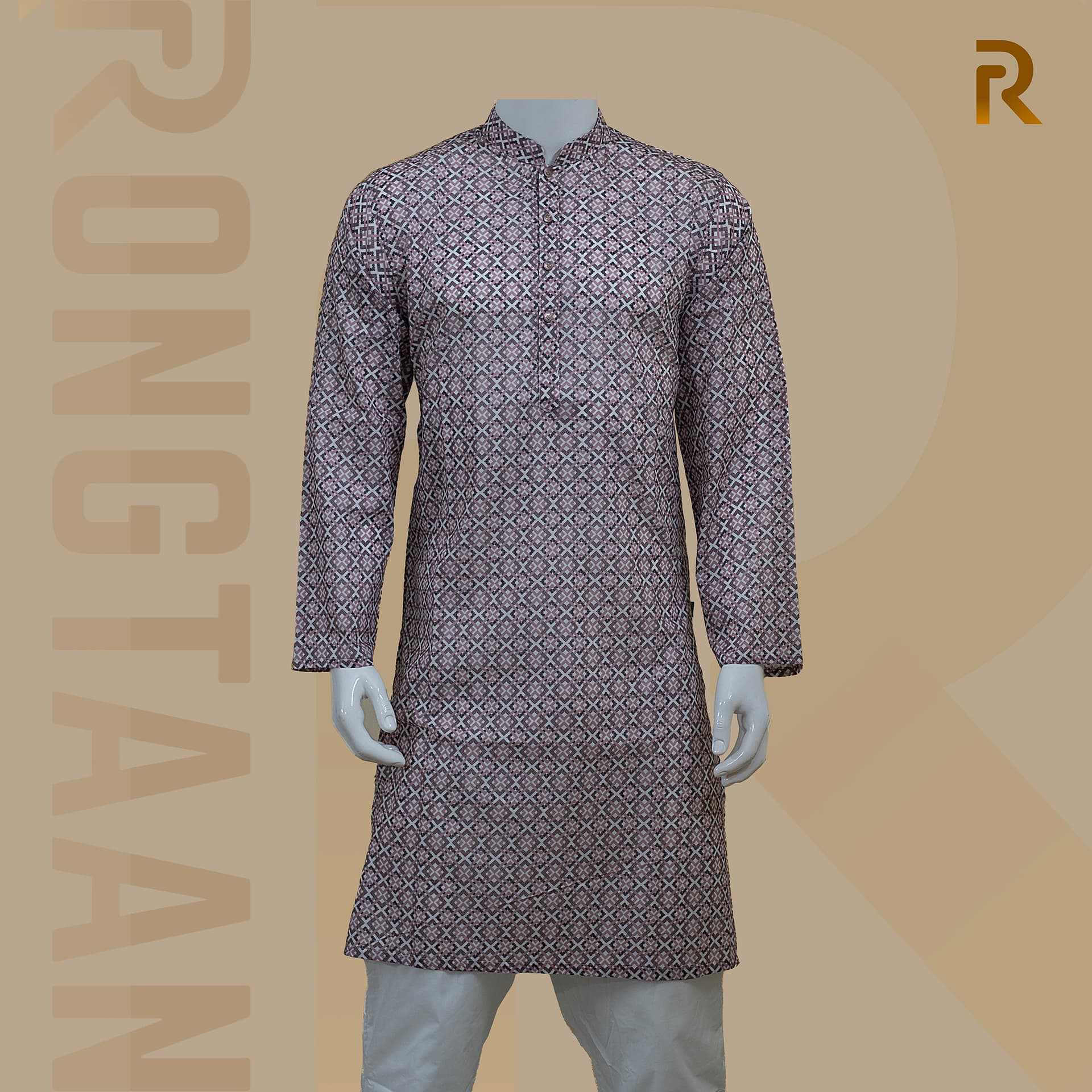 Cloudy Rose Geometric Digital Print Cotton Panjabi for Men