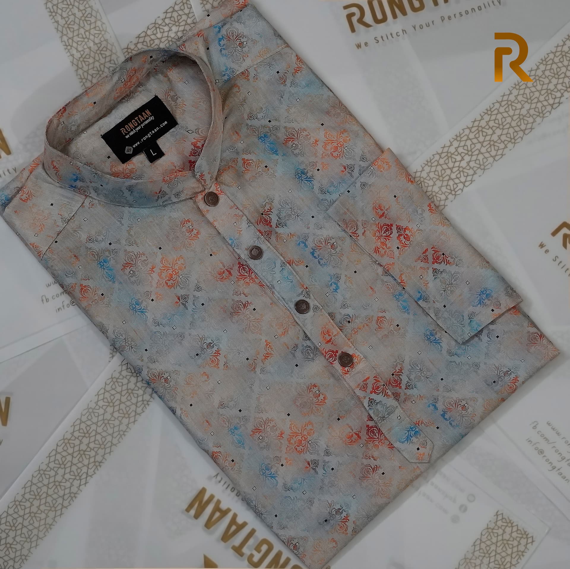 Multicolored Nokhshi Flower Digital Print Premium Cotton Panjabi for Men