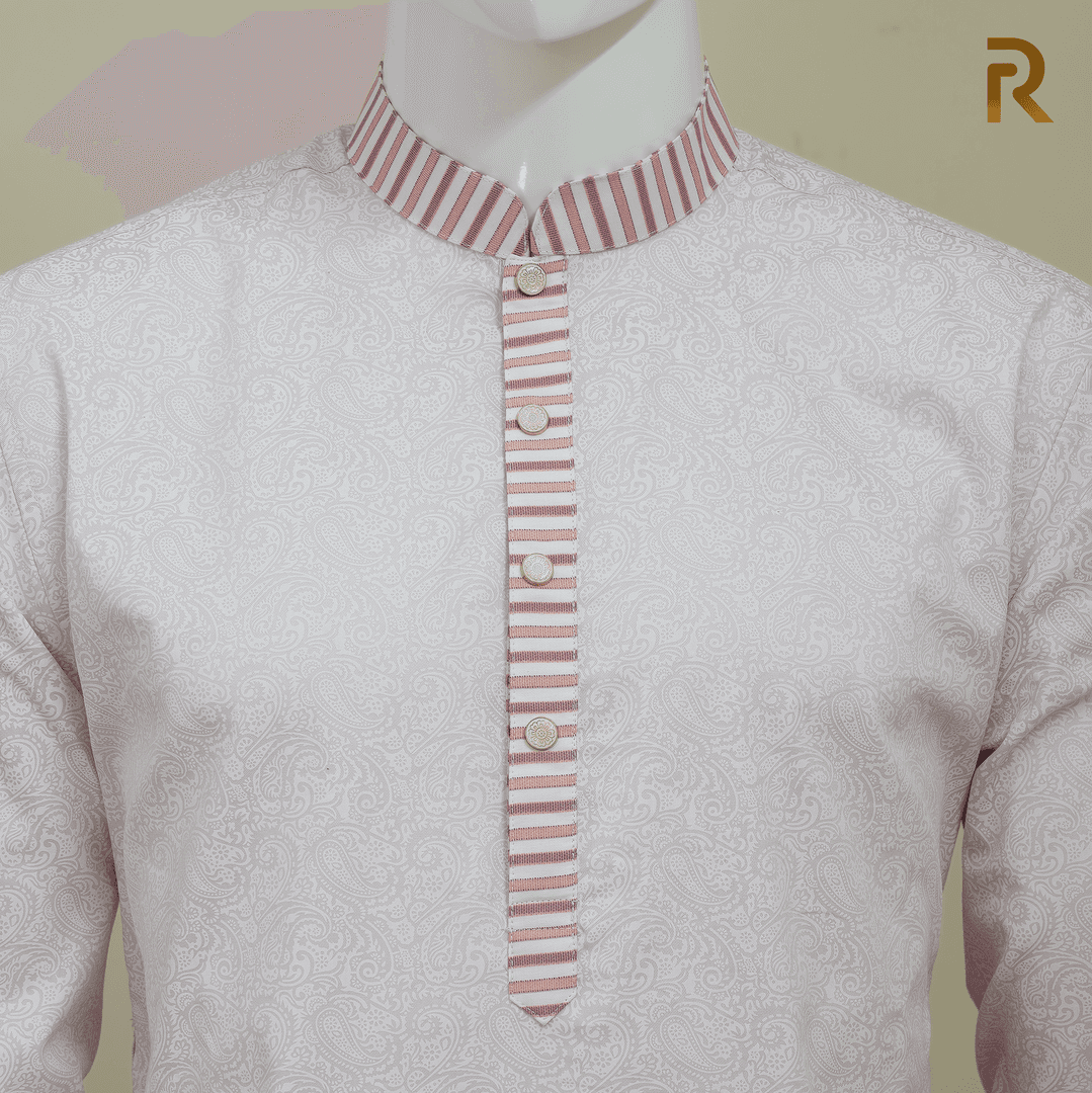 Light Pink Print with Contrast Stripe Design Premium Cotton Men's Panjabi with Designer Snap Buttons