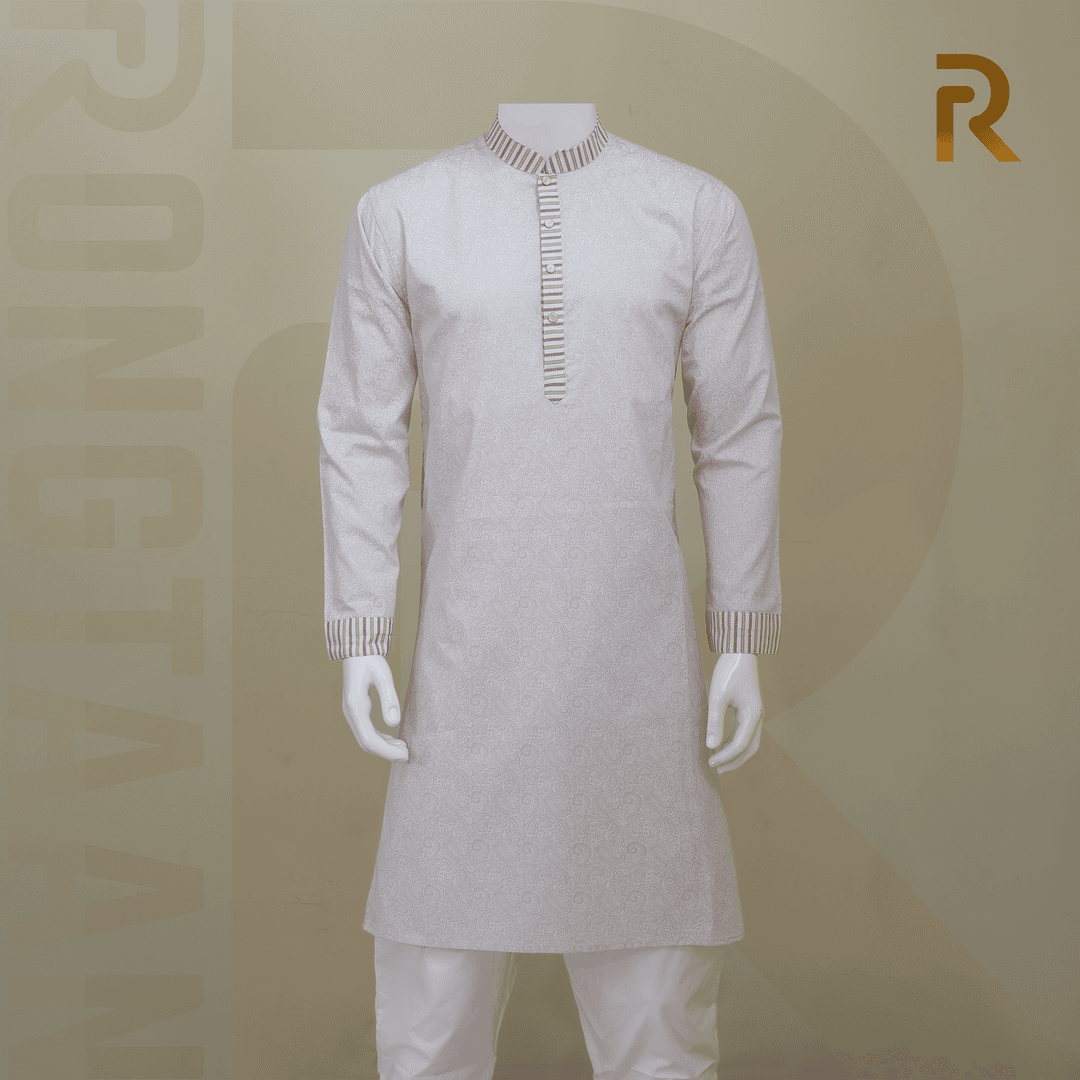 Classic Pink Print Design with Contrast Stripe Collar Premium Cotton Combo Panjabi with Designer Snap Buttons