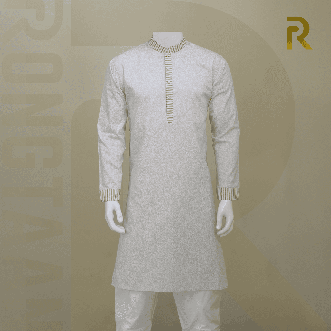 Classic Yellow Print Design with Contrast Stripe Collar Premium Cotton Combo Panjabi with Designer Snap Buttons