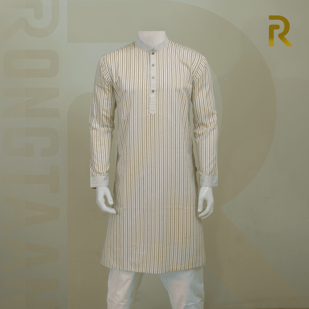 Classic Yellow Stripe with Contrast Print Design Premium Cotton Men's Panjabi with Designer Snap Buttons