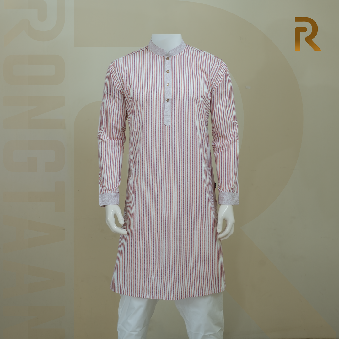 Classic Pink Stripe with Contrast Print Design Premium Cotton Men's Panjabi with Designer Snap Buttons