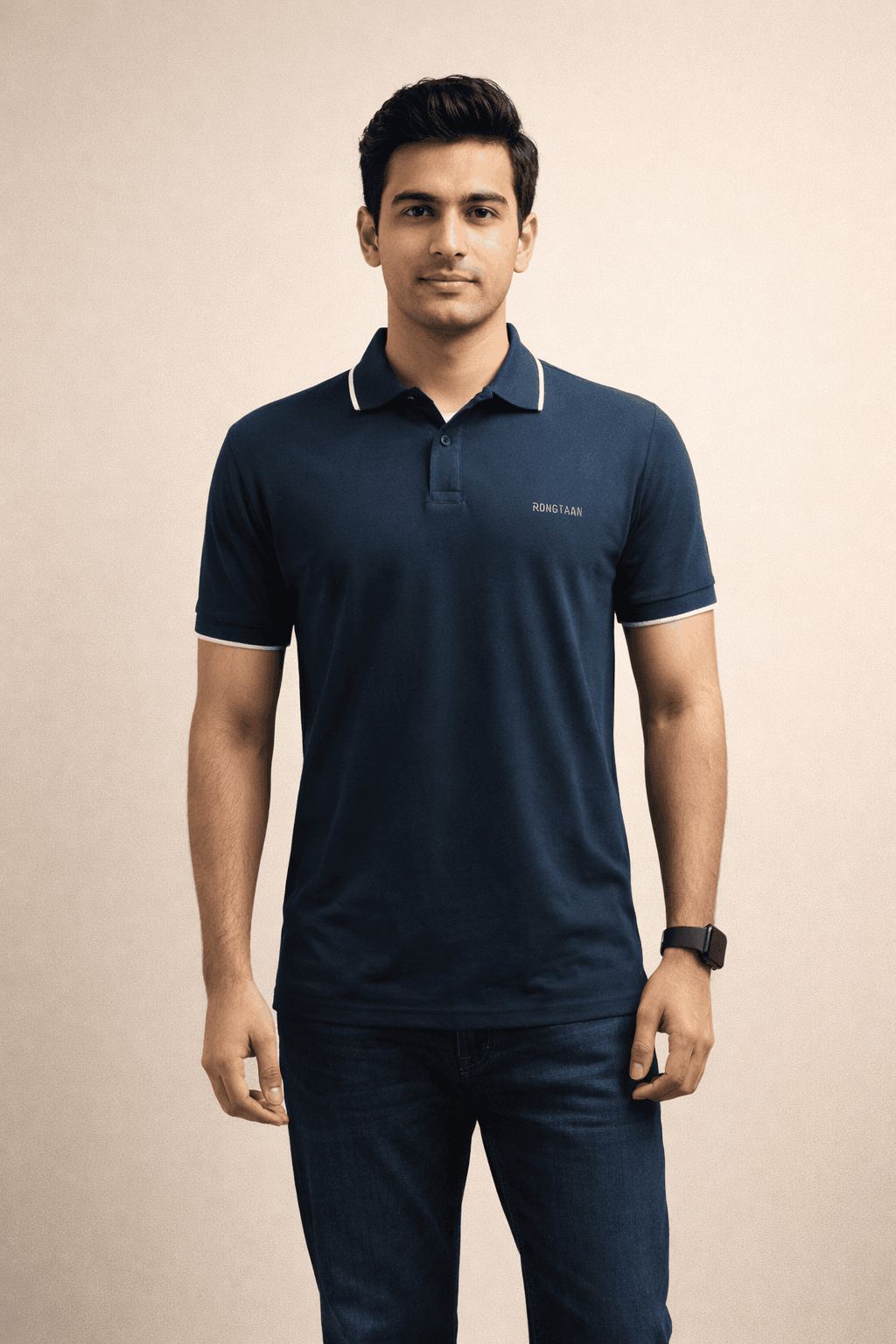 Mid night blue Double pique Screen print 100% Cotton Men’s Knit Polo-shirt