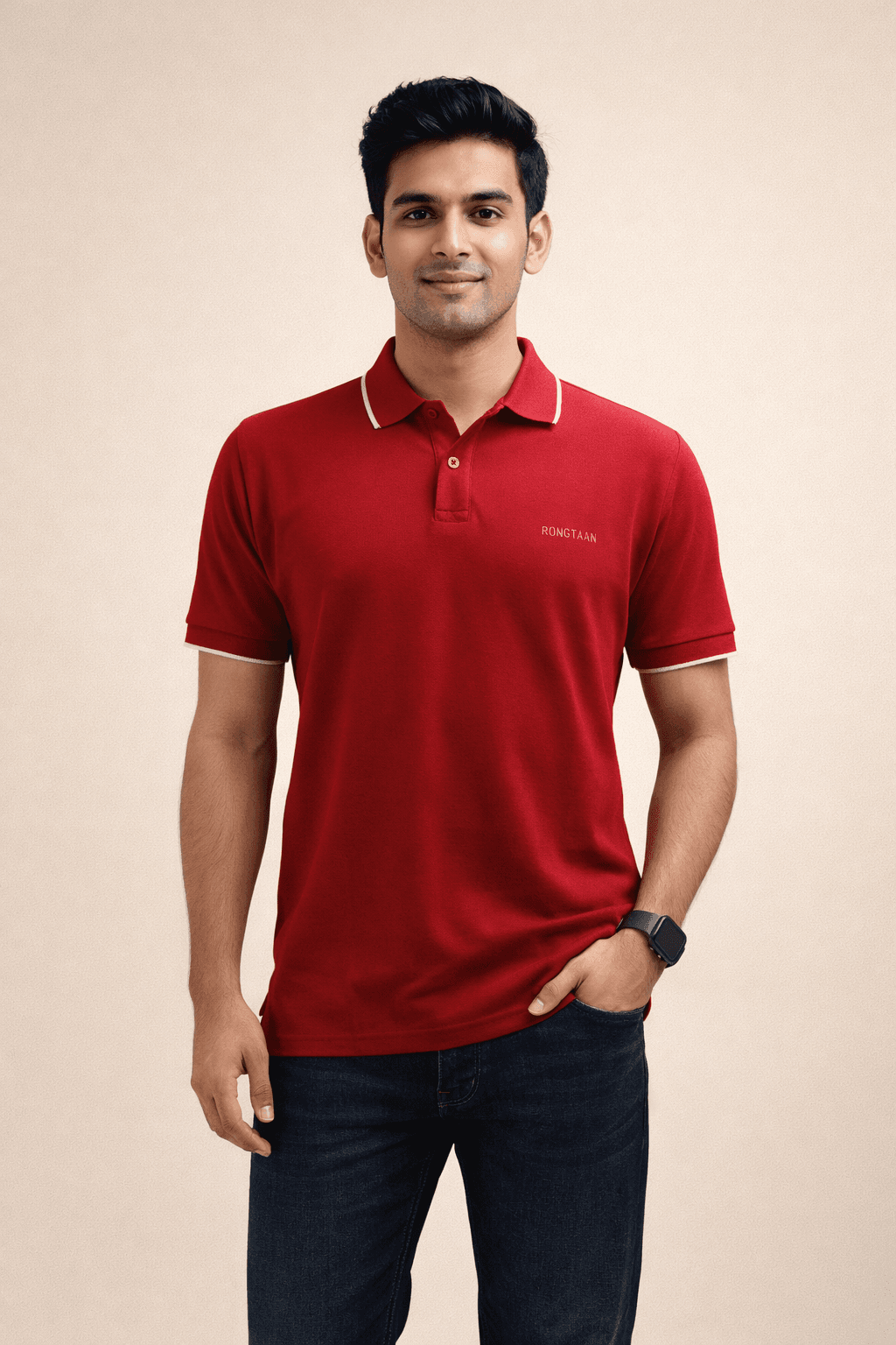 Crimson Red Double pique Screen print 100% Cotton Men’s Knit Polo-shirt