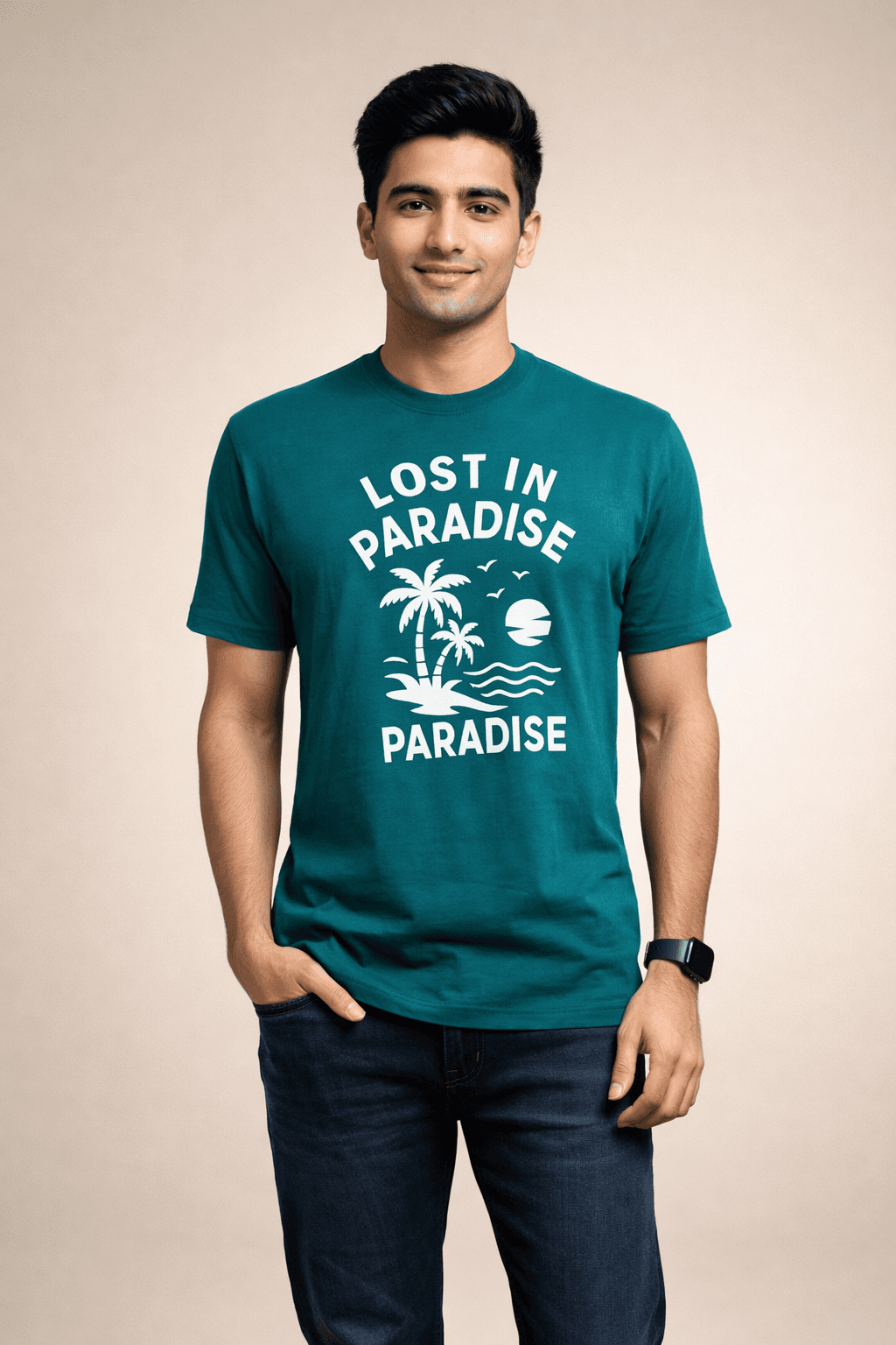 Turquoise Slub Jersey & Solid stripe Screen print 100% Cotton Men’s Knit T-shirt