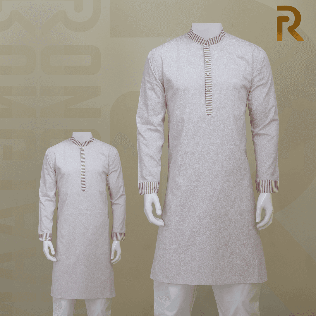 Classic Pink Print Design with Contrast Stripe Collar Premium Cotton Combo Panjabi with Designer Snap Buttons