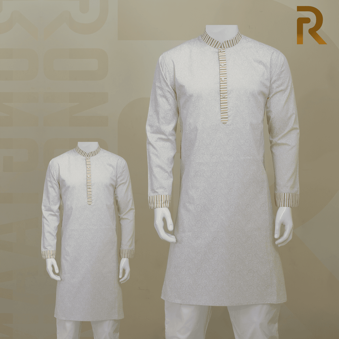Classic Yellow Print Design with Contrast Stripe Collar Premium Cotton Combo Panjabi with Designer Snap Buttons