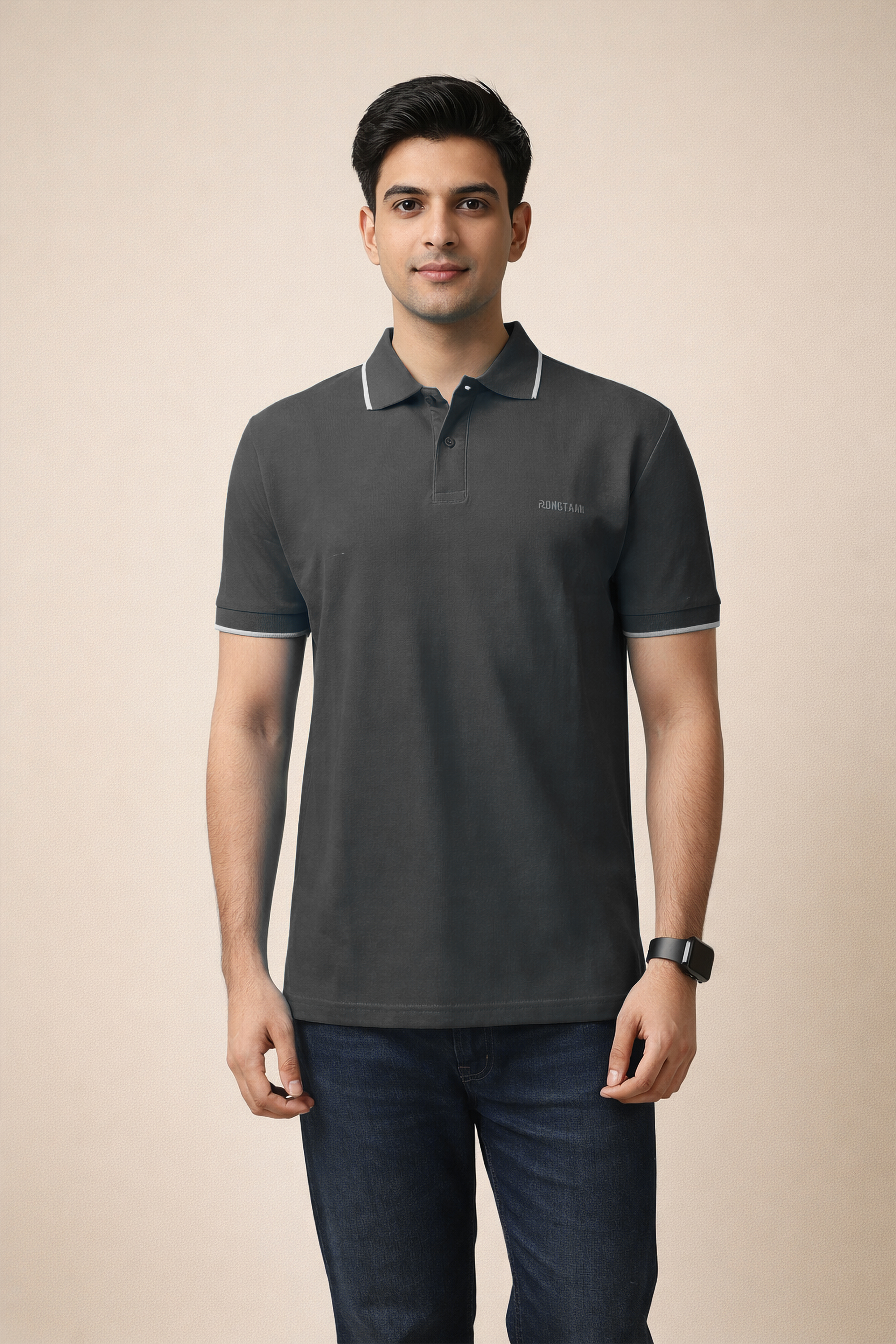 Charcoal Grey Double pique Screen print 100% Cotton Knit Polo-shirt for men