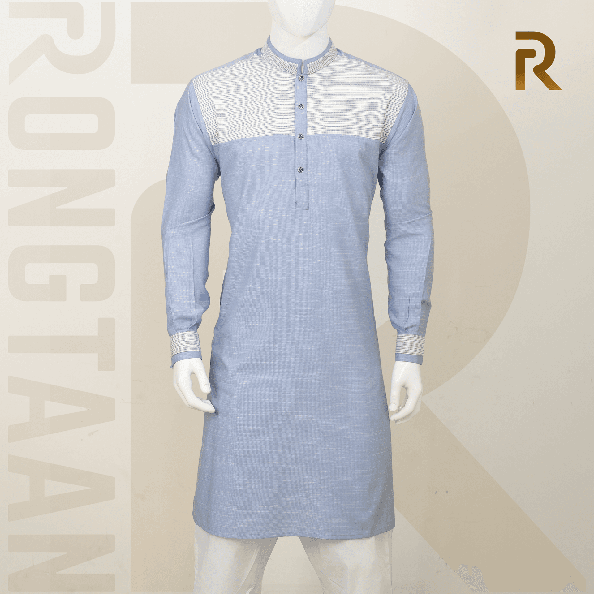 Sky Blue With Off White Dotted Slub Blended Cotton Panjabi
