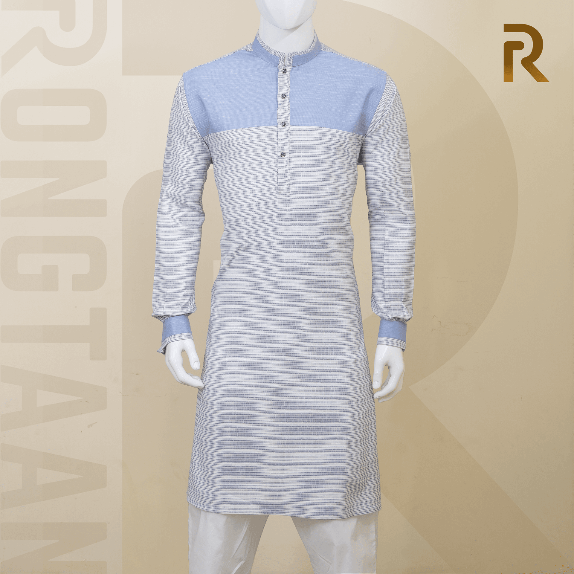 Off White Dotted With Sky Blue Slub Blended Cotton Premium Panjabi