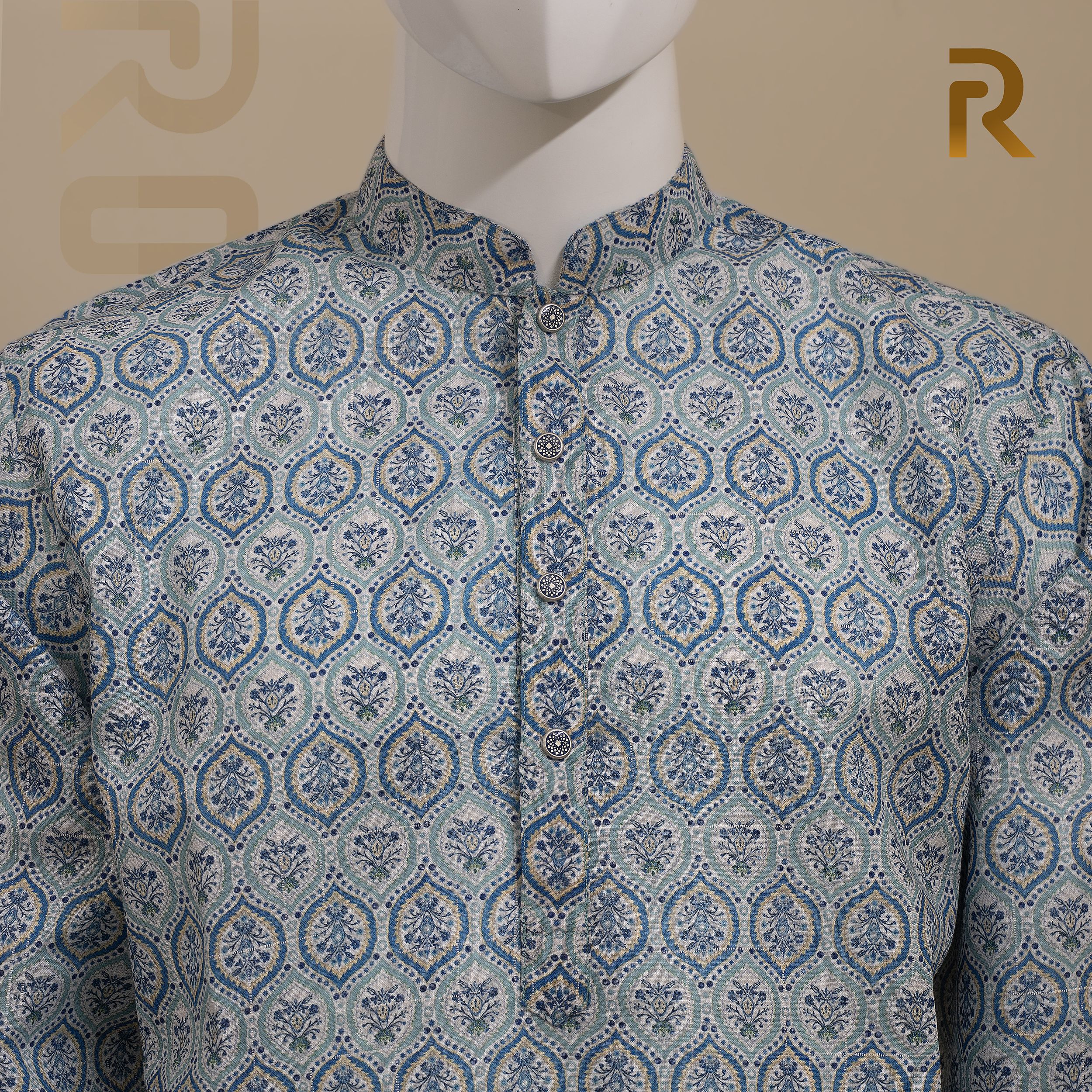 Cyan Digital Print Premium Cotton Panjabi with Designer Snap Buttons