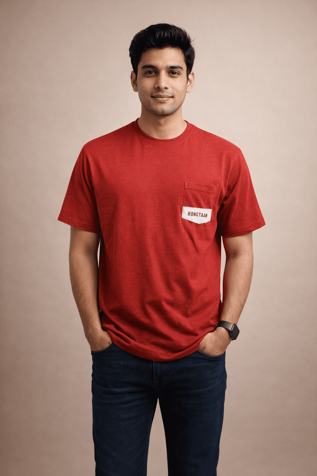 Red melange screen print men’s knit t-shirt (cvc 60%-40%)