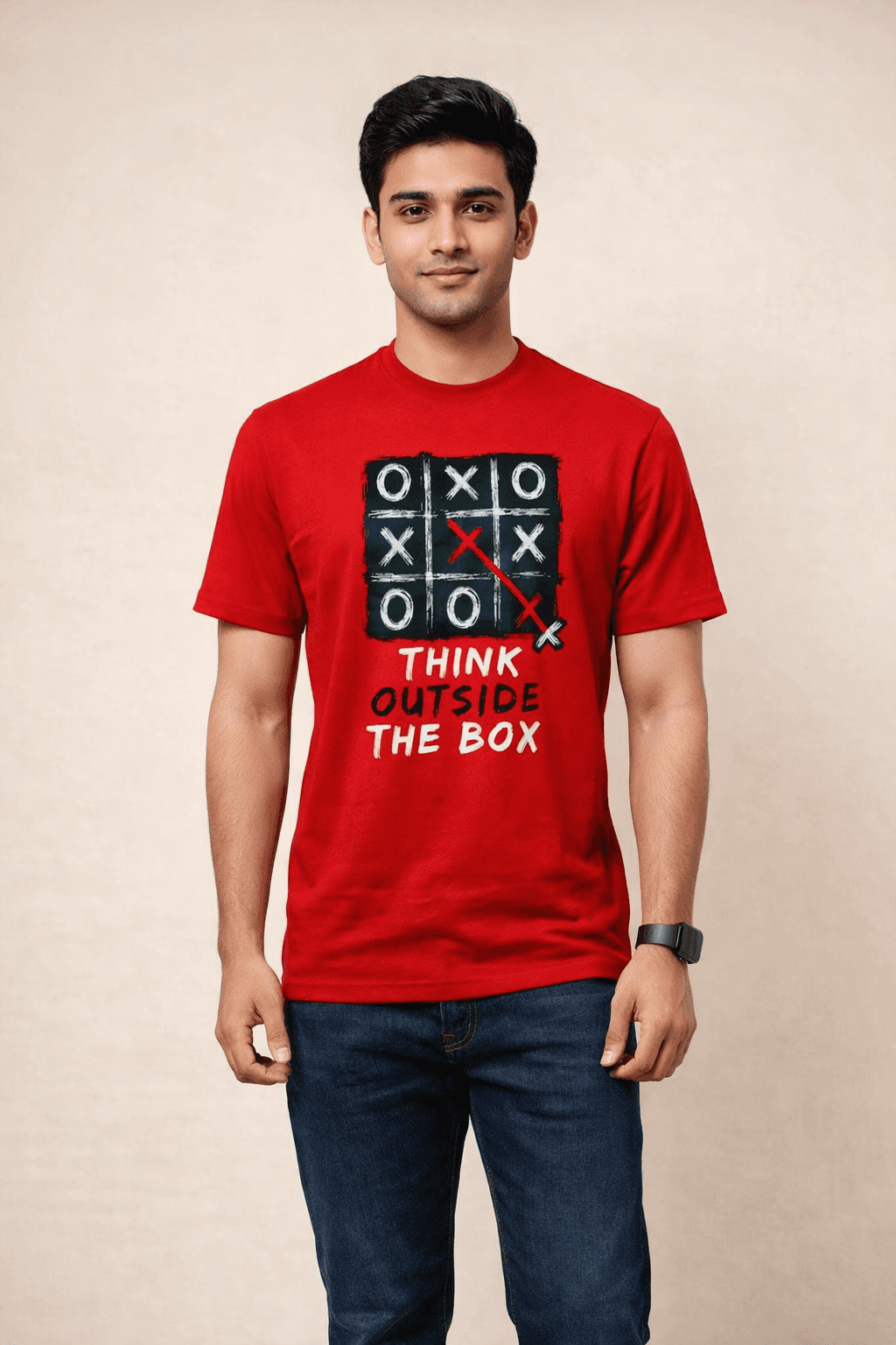 Red-Think out the box- Screen print 100% Cotton Men’s Knit T-shirt