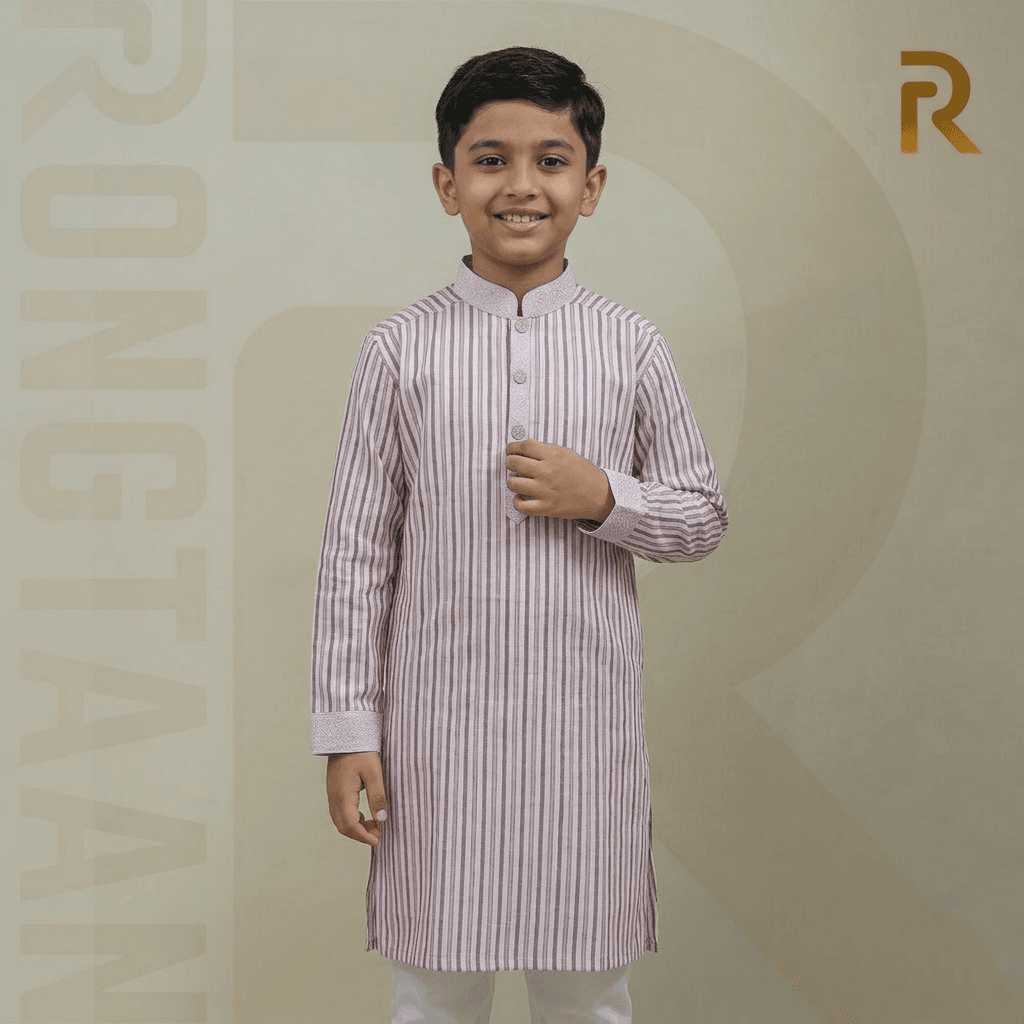 Classic Pink Stripe with Contrast Print Design Premium Cotton Combo Panjabi with Designer Snap Buttons