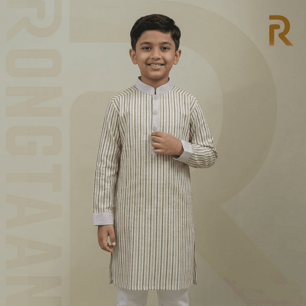 Classic Yellow Stripe with Contrast Print Design Premium Cotton Kid's Single Panjabi with Designer Snap Buttons