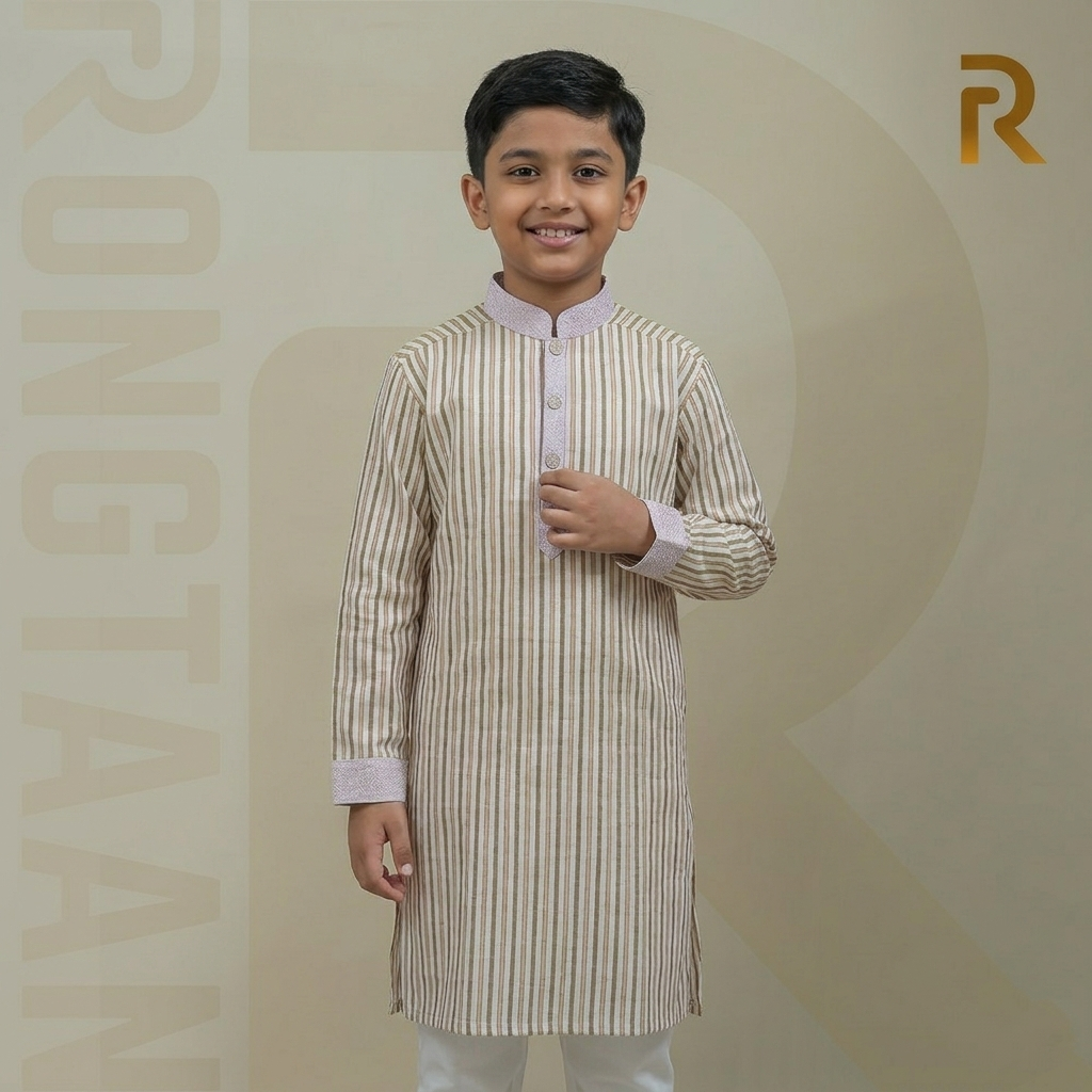 Classic Yellow Stripe with Contrast Print Design Premium Cotton Kid's Single Panjabi with Designer Snap Buttons