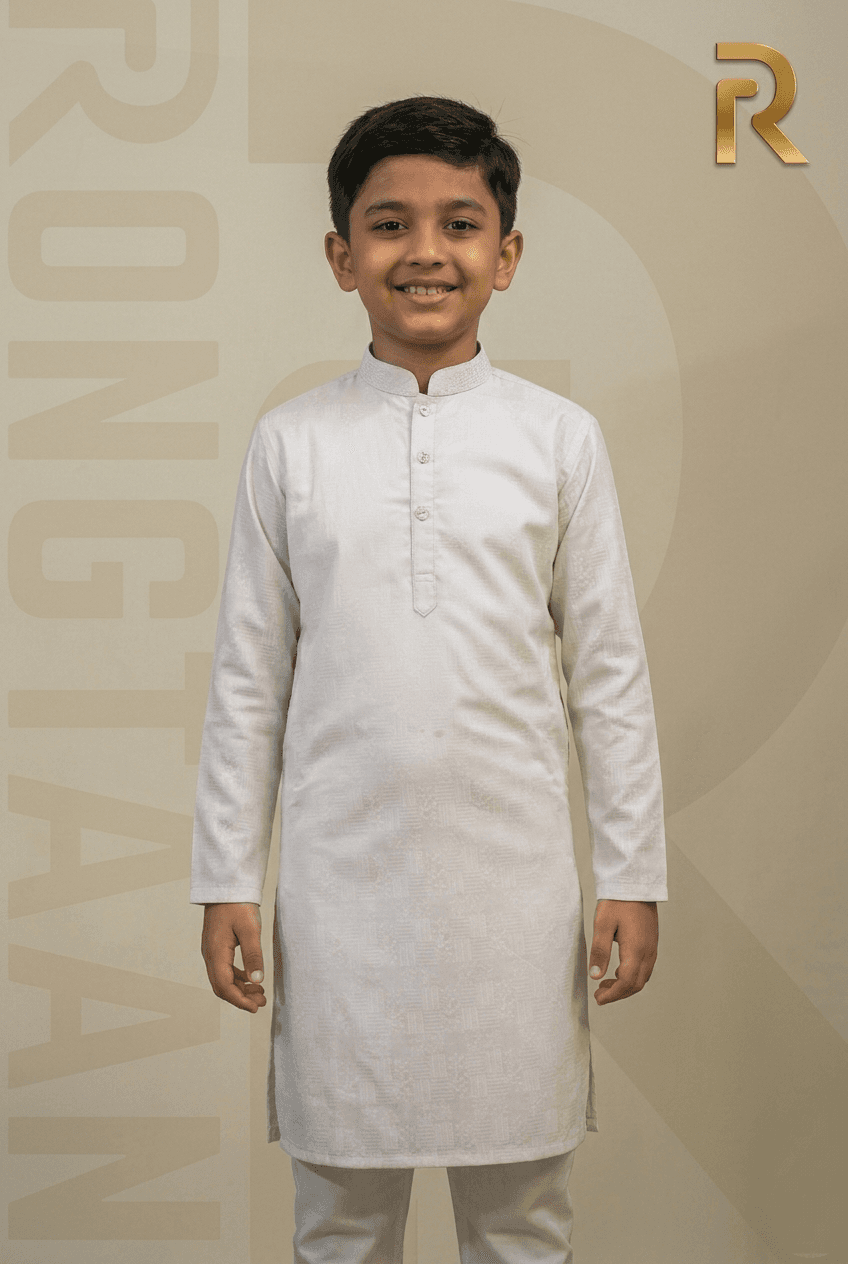 Soft White Print Premium Cotton Kid's Single Panjabi with Designer Snap Buttons