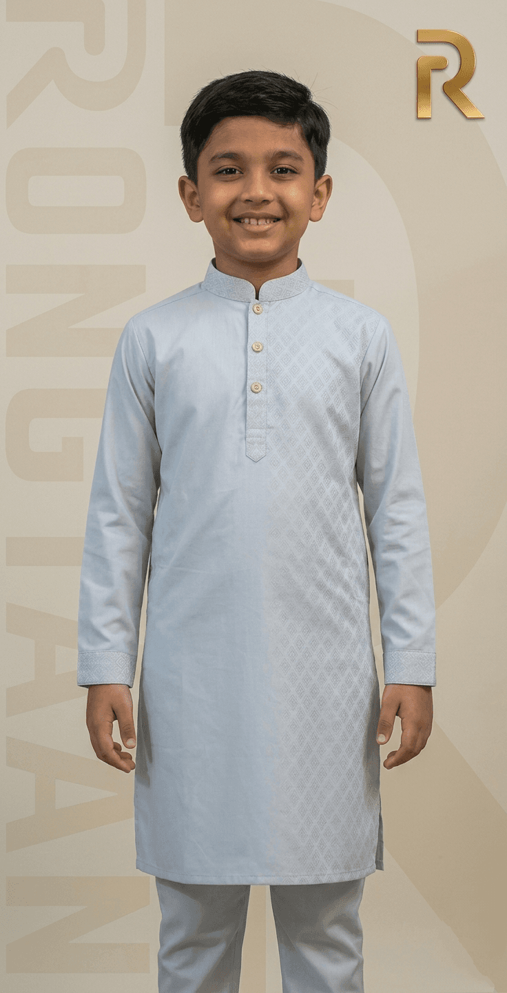 Pale Blue Jacquard Premium Cotton Single Panjabi for Kid with Snap Button – Elegant Traditional Wear 