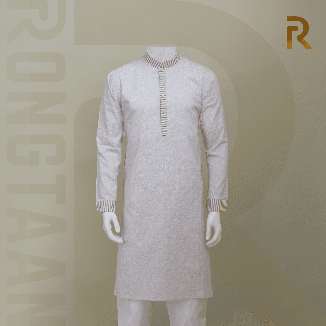 Light Pink Print with Contrast Stripe Design Premium Cotton Men's Panjabi with Designer Snap Buttons