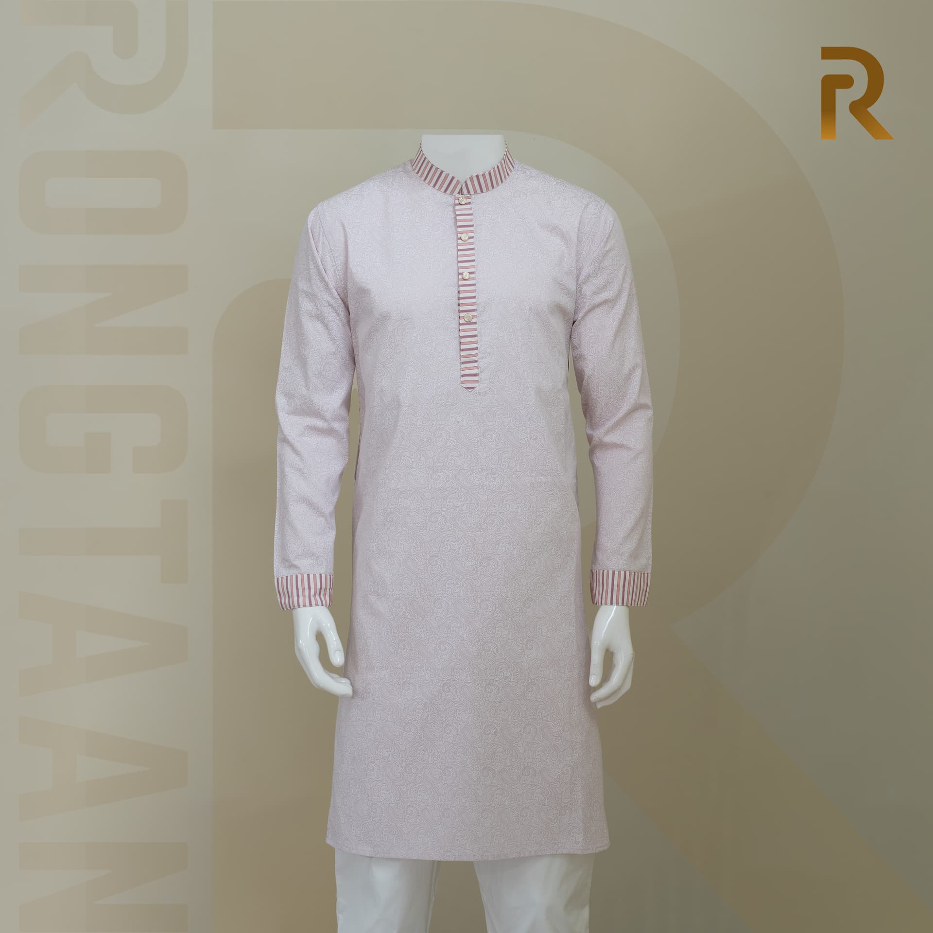 Classic Pink Print Design with Contrast Stripe Collar Premium Cotton Kid's Single Panjabi with Designer Snap Buttons