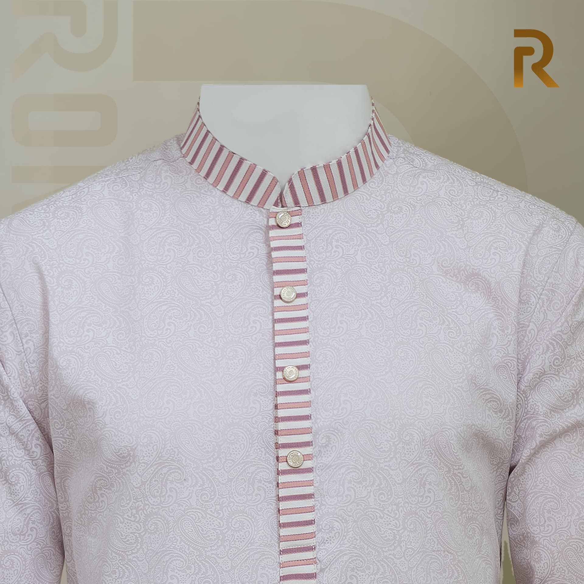 Classic Pink Print Design with Contrast Stripe Collar Premium Cotton Kid's Single Panjabi with Designer Snap Buttons
