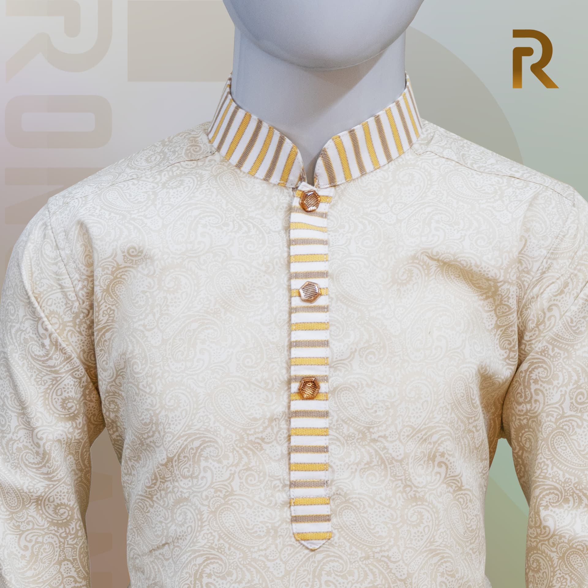 Classic Yellow Print Design with Contrast Stripe Collar Premium Cotton Kid's Single Panjabi with Designer Snap Buttons