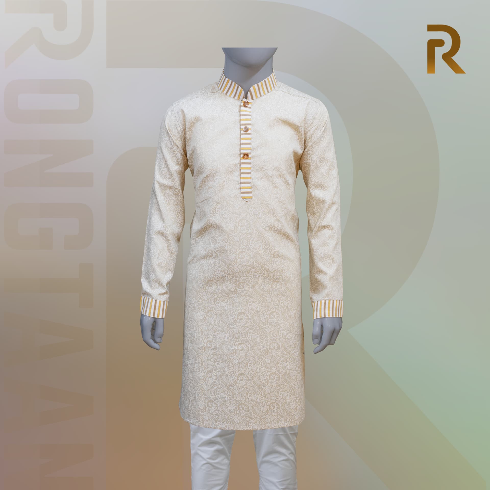 Classic Yellow Print Design with Contrast Stripe Collar Premium Cotton Kid's Single Panjabi with Designer Snap Buttons