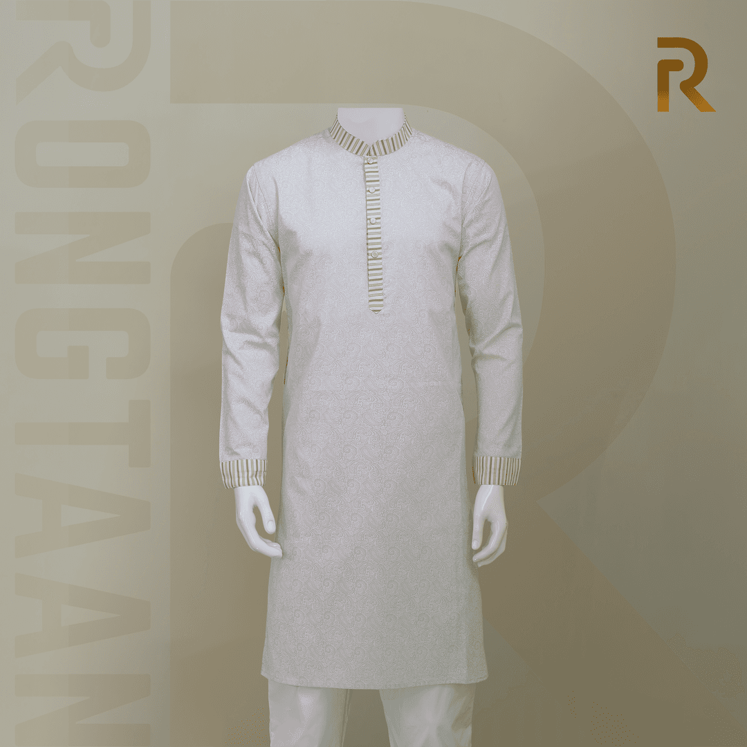 Light Yellow Print with Contrast Stripe Design Premium Cotton Men's Panjabi with Designer Snap Buttons