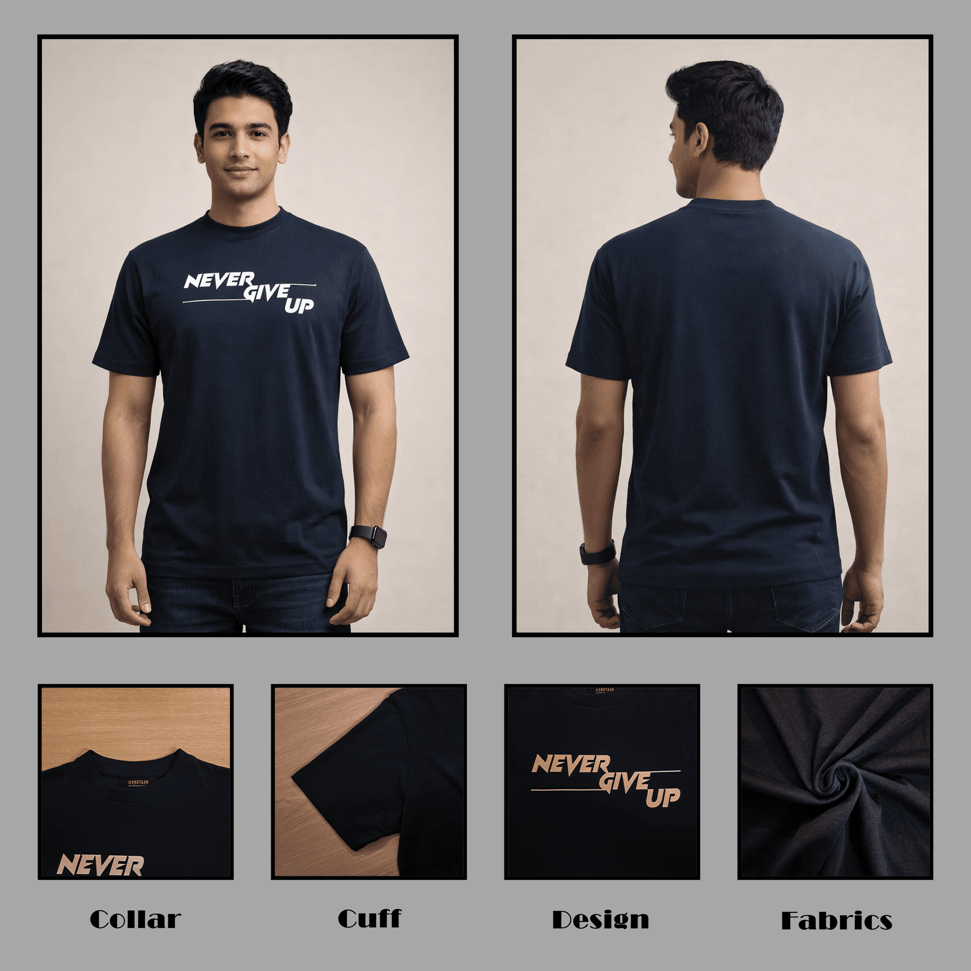 Navy-“Never Give Up”- Screen print 100% Cotton Men’s Knit T-shirt
