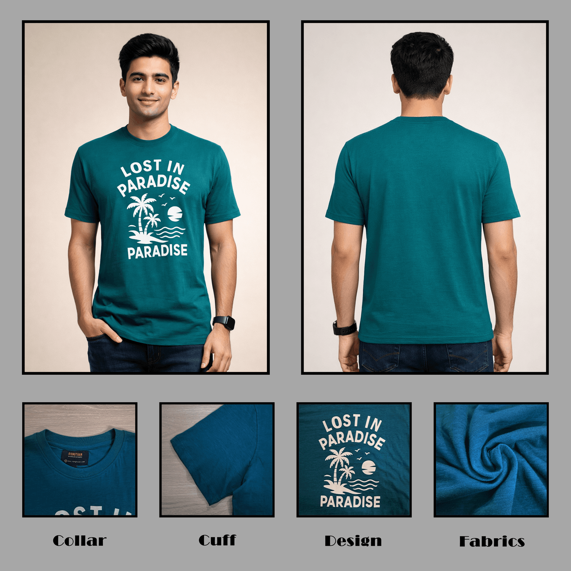 Turquoise Slub Jersey & Solid stripe Screen print 100% Cotton Men’s Knit T-shirt