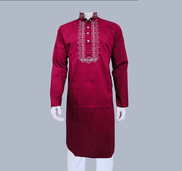Merun Glossy Embroidered Cotton Slim Fit Panjabi for Men