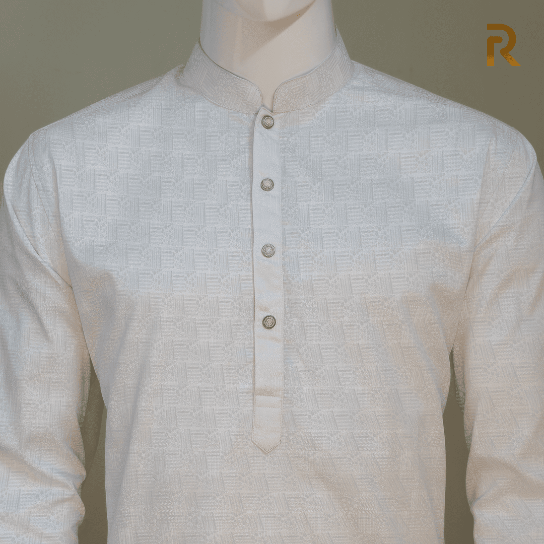 Soft White Print Premium Cotton Combo Panjabi with Designer Snap Buttons