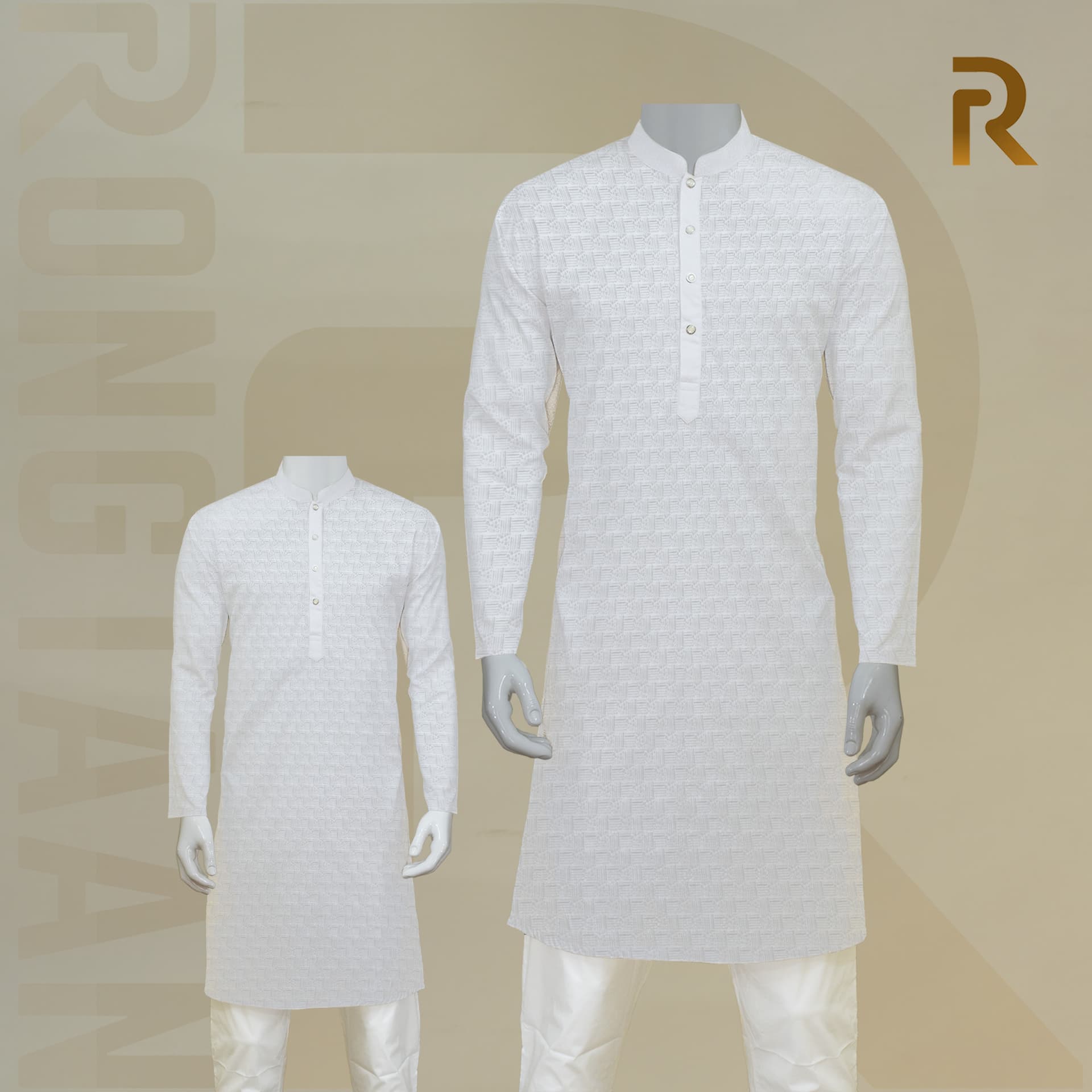 Soft White Print Premium Cotton Combo Panjabi with Designer Snap Buttons