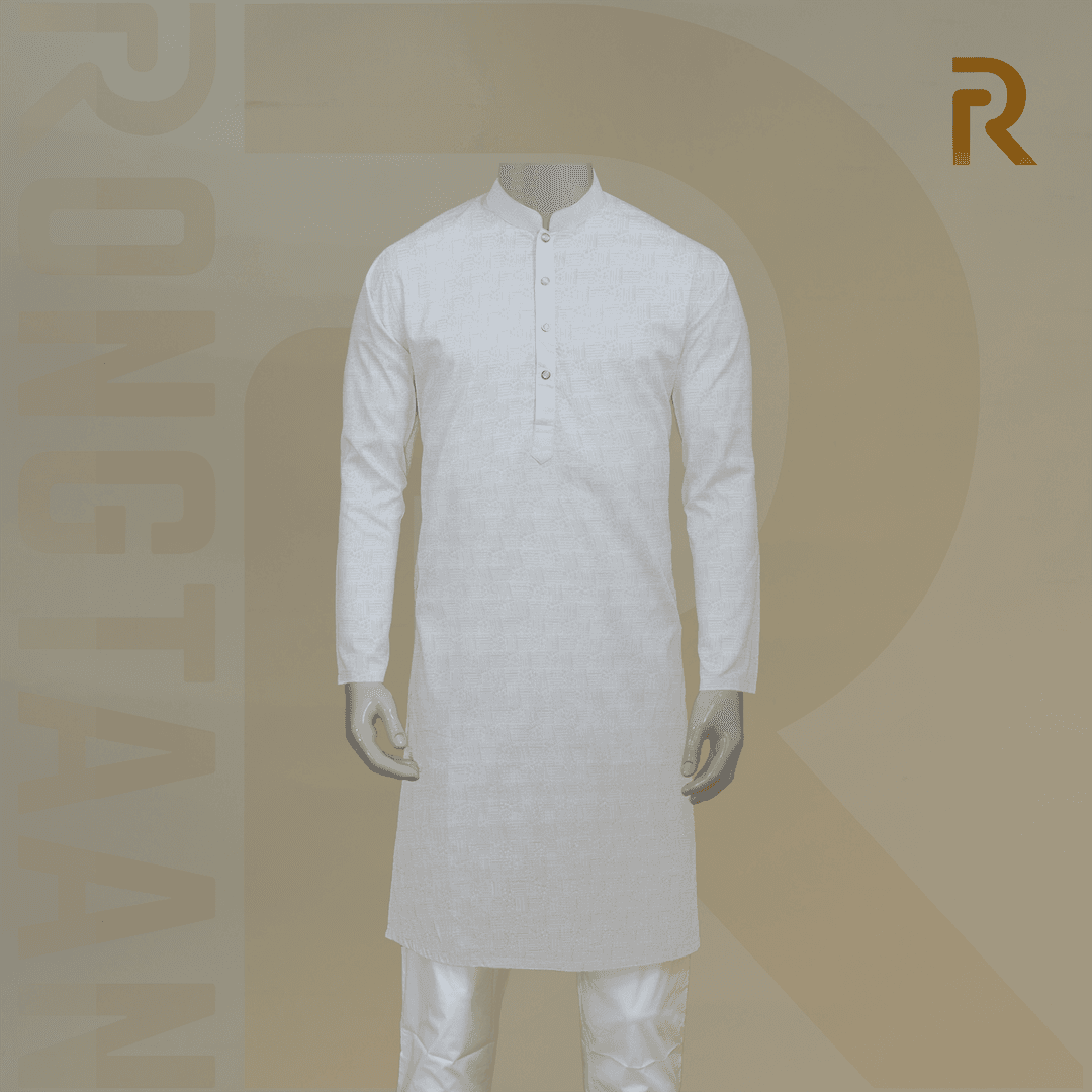 Soft White Print Premium Cotton Men's Panjabi with Designer Snap Buttons