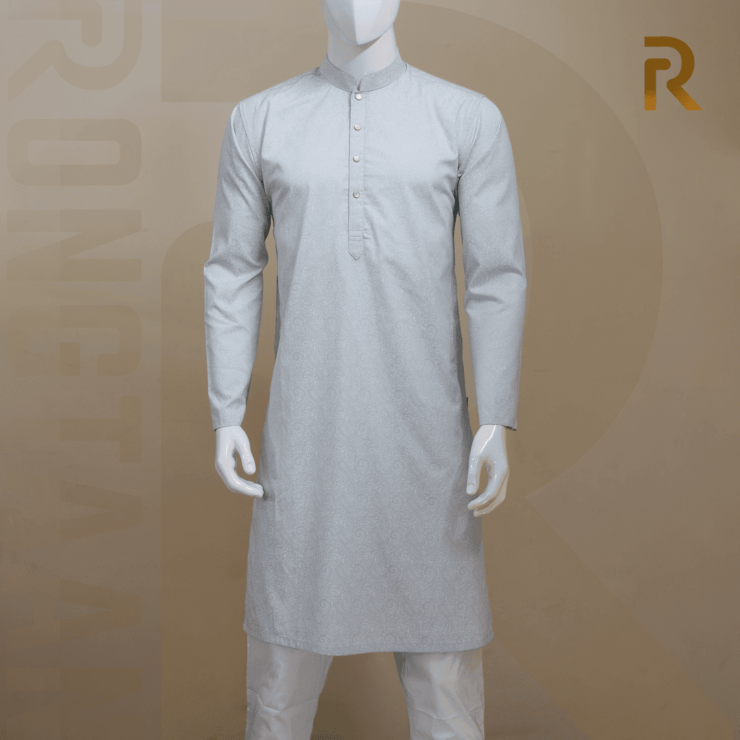 Light Blue Print Design Premium Cotton Men's Panjabi with Designer Snap Buttons