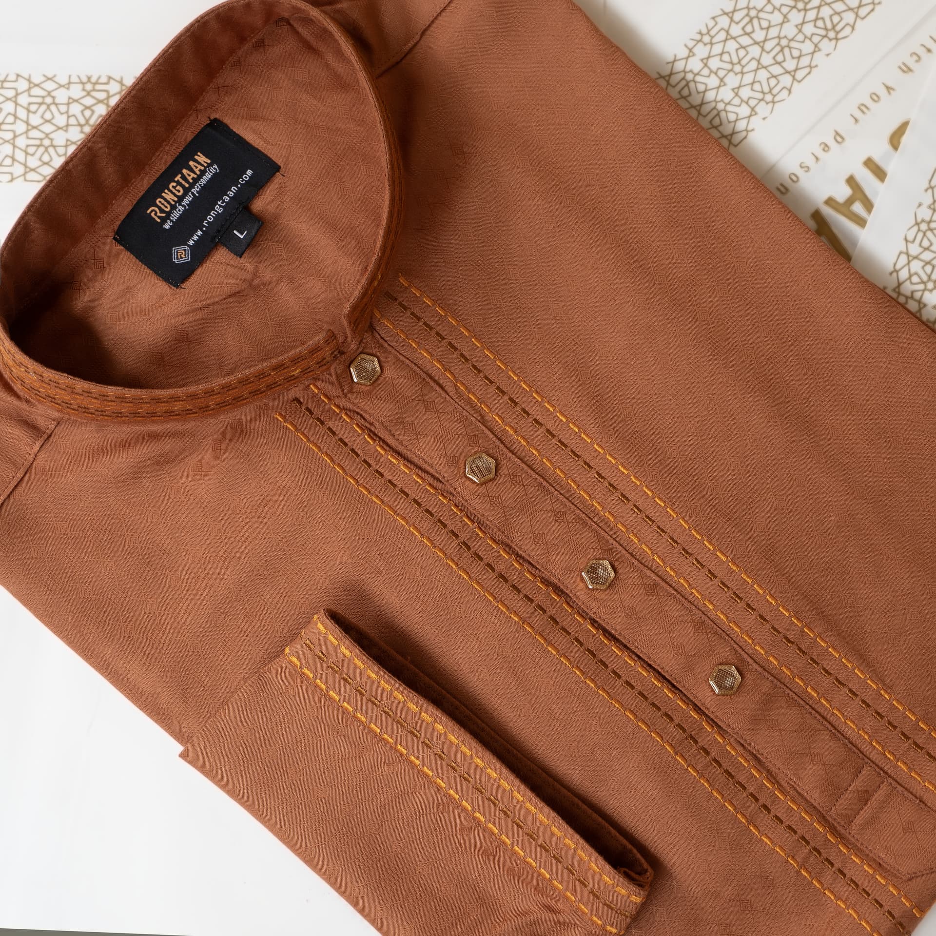 Premium Cinnamon Brown Jacquard Cotton Panjabi with Elegant Embroidery & Snap Button