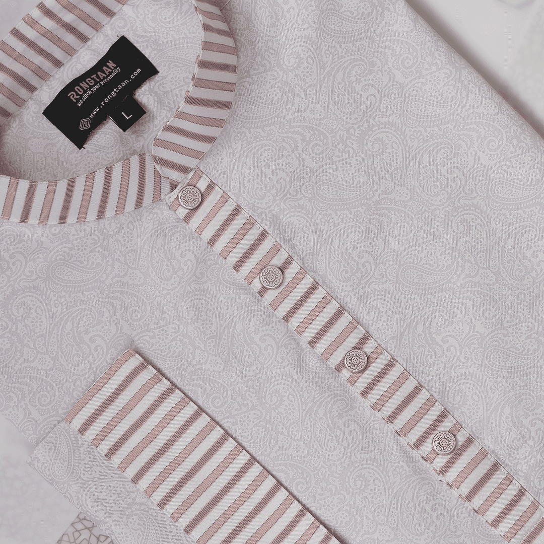 Classic Pink Print Design with Contrast Stripe Collar Premium Cotton Combo Panjabi with Designer Snap Buttons