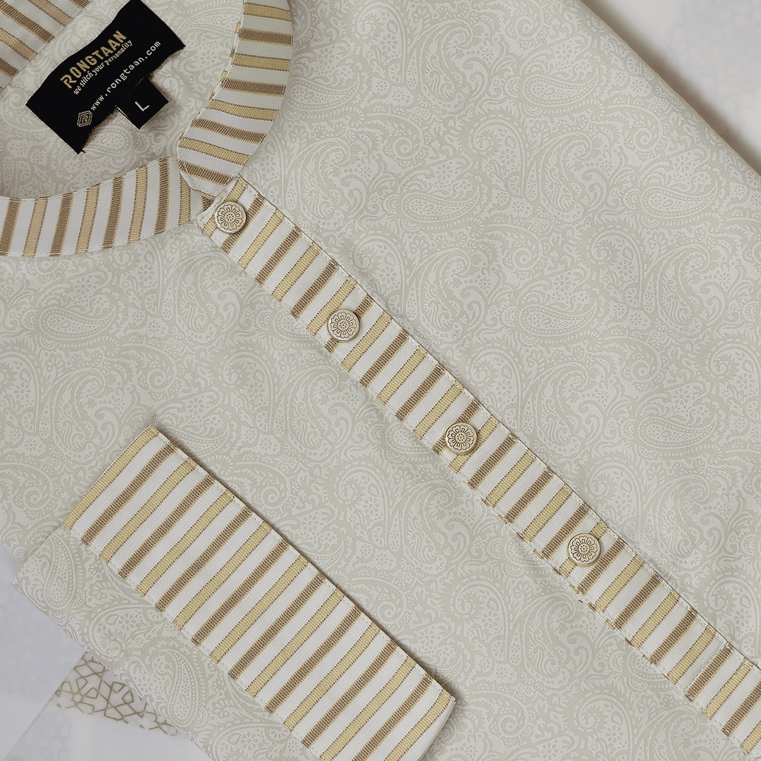Classic Yellow Print Design with Contrast Stripe Collar Premium Cotton Combo Panjabi with Designer Snap Buttons