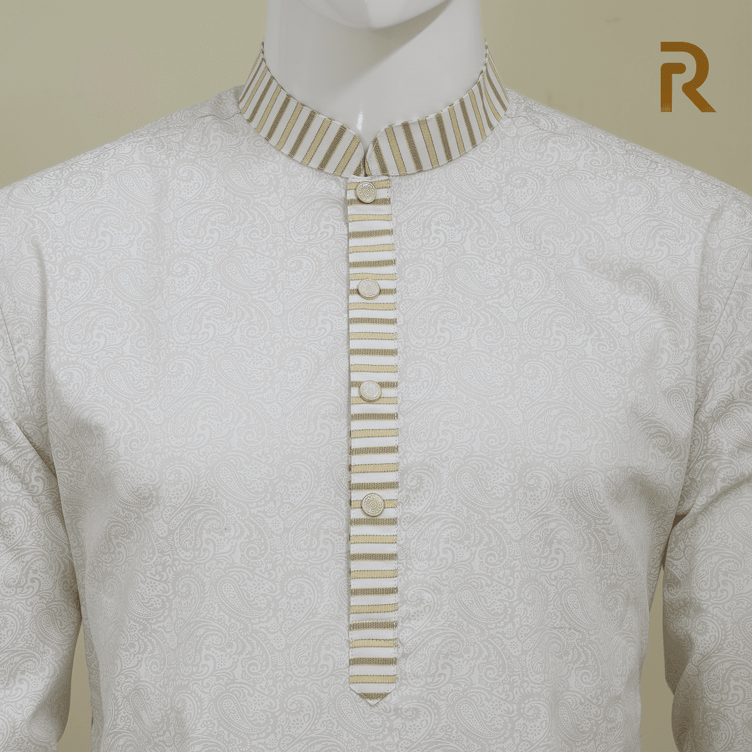 Light Yellow Print with Contrast Stripe Design Premium Cotton Men's Panjabi with Designer Snap Buttons