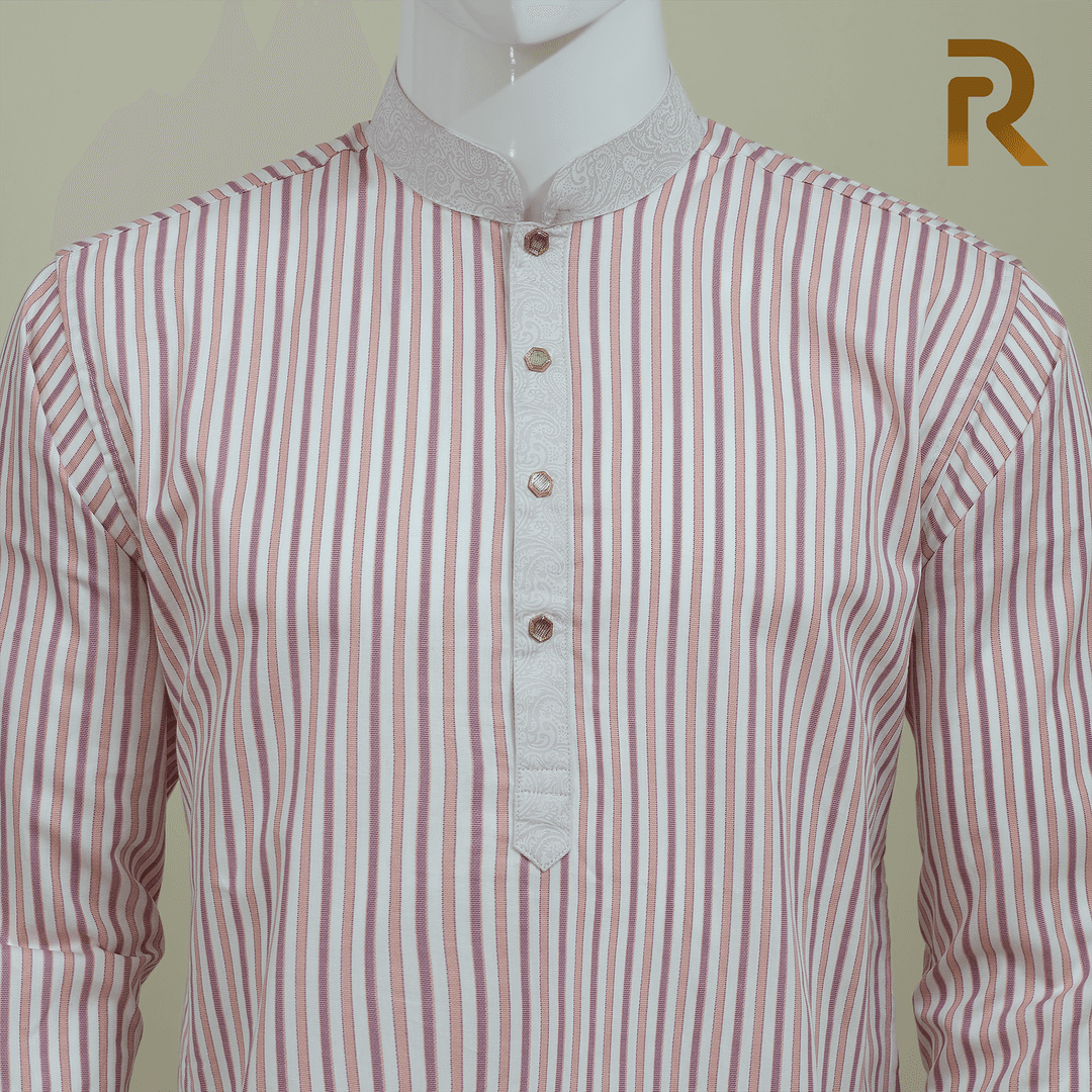 Classic Pink Stripe with Contrast Print Design Premium Cotton Combo Panjabi with Designer Snap Buttons