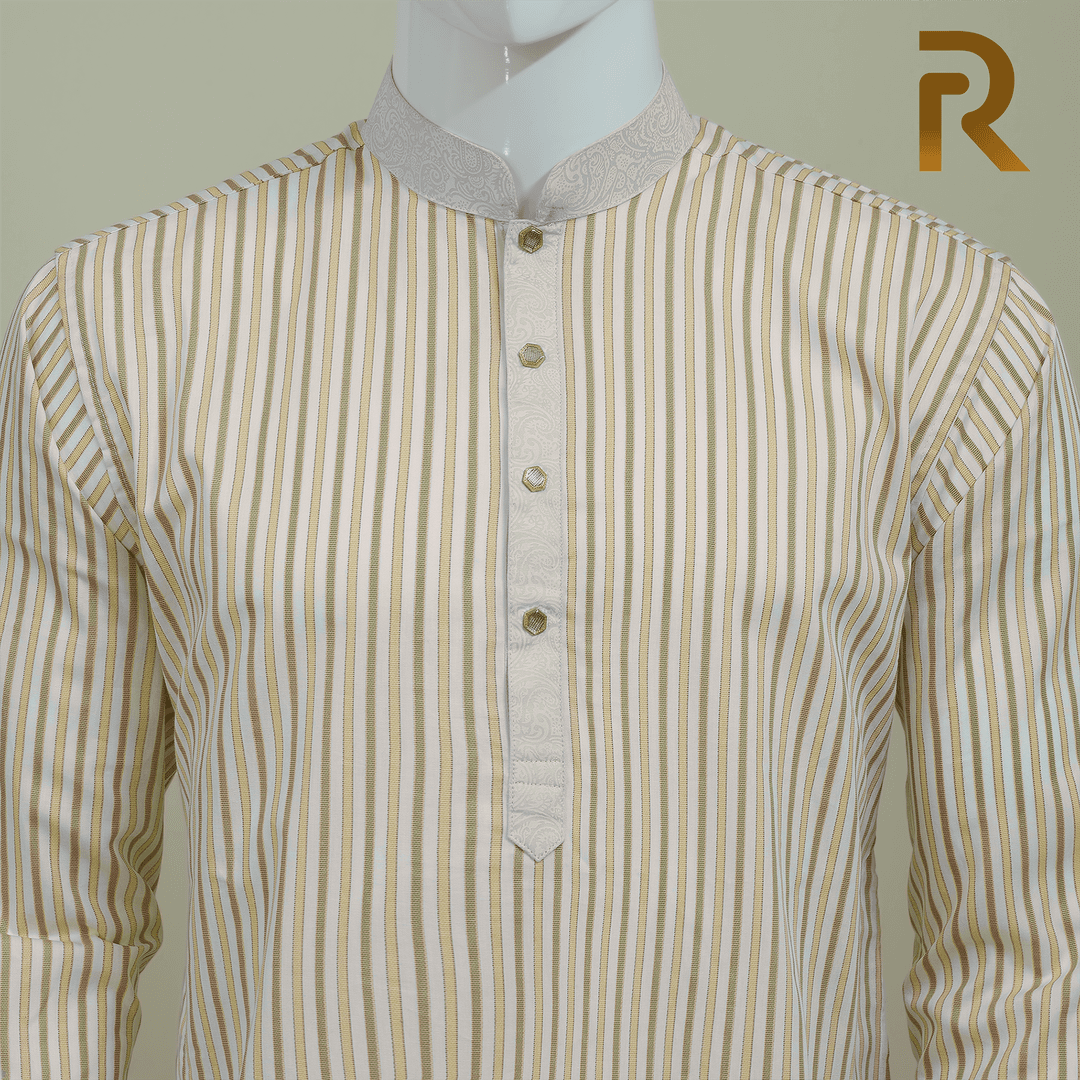 Classic Yellow Stripe with Contrast Print Design Premium Cotton Combo Panjabi with Designer Snap Buttons