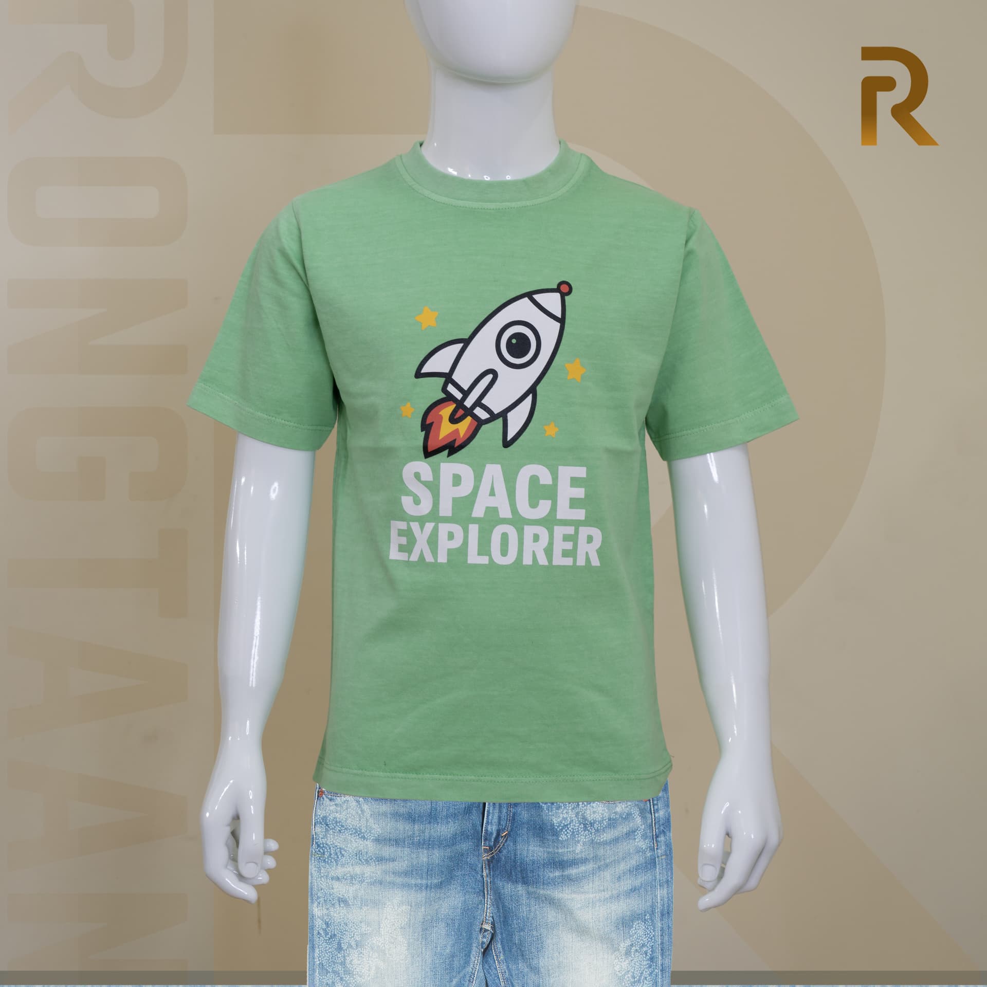 Kids Green T-Shirt – 100% Slub Cotton Jersey with Rubber Print