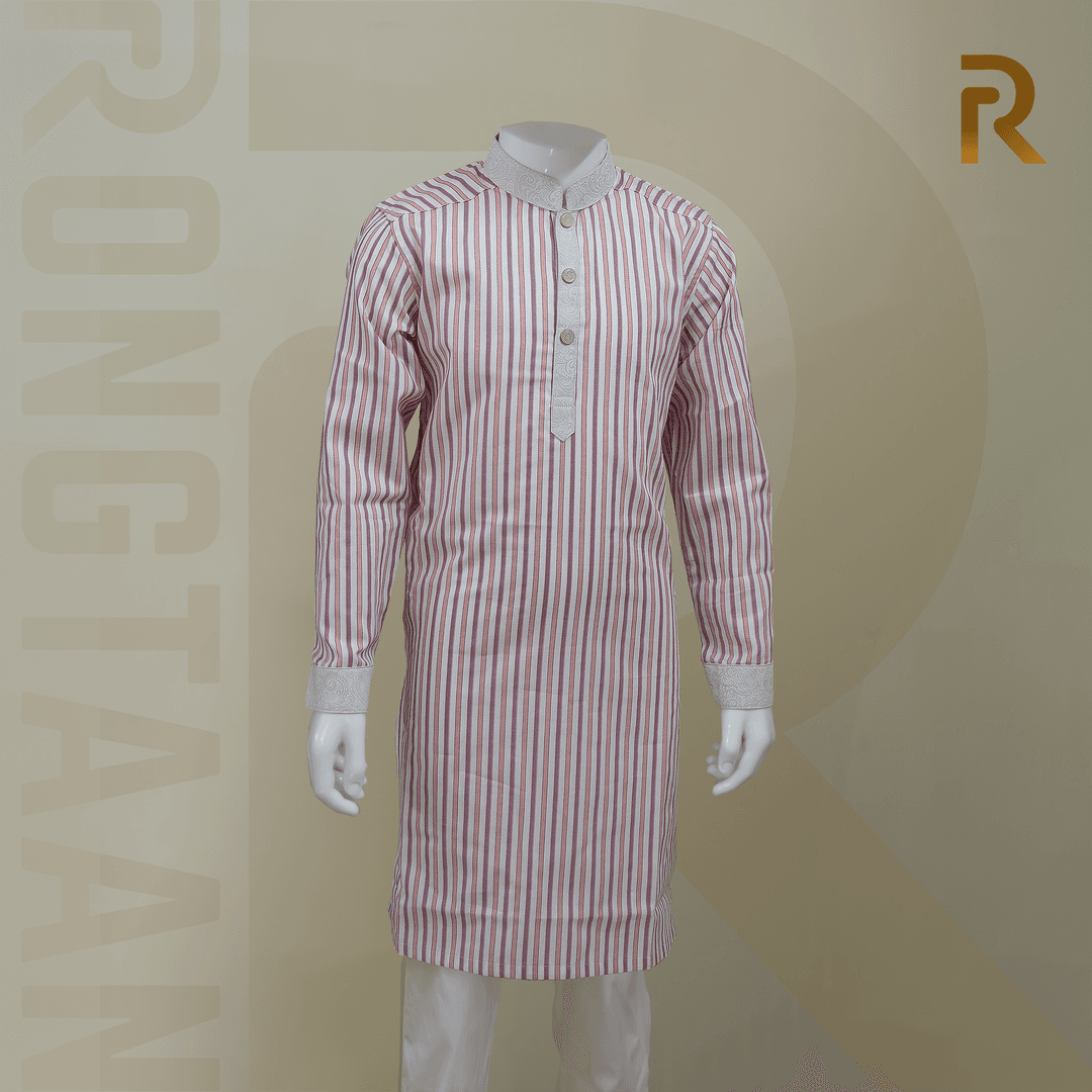 Classic Pink Stripe with Contrast Print Design Premium Cotton Kid's Single Panjabi with Designer Snap Buttons